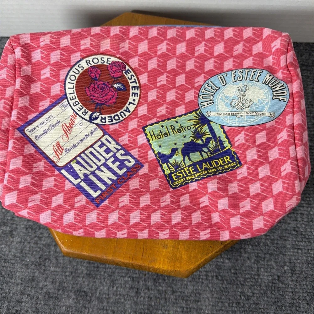 Estee‎ Lauder Travel Cosmetic Bag Pink Pattern Stickers Design Zip Pouch